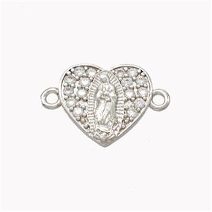 Virgin Mary Charms Copper Heart Connector Pave Zirconia Platinum Plated, approx 13mm