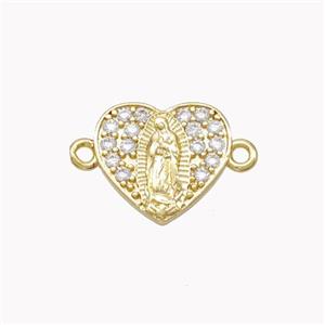 Virgin Mary Charms Copper Heart Connector Pave Zirconia Gold Plated, approx 13mm