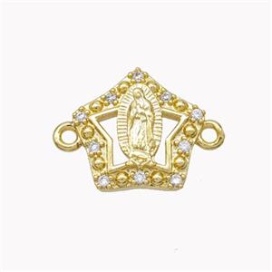 Virgin Mary Charms Copper Star Connector Pave Zirconia Gold Plated, approx 13-14mm