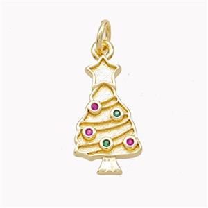 Christmas Tree Charms Copper Pendant Pave Zirconia Gold Plated, approx 10-17mm