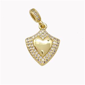 Copper Shield Pendant Pave Zirconia Heart Gold Plated, approx 14-16mm, 4-6mm