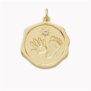 Copper Hand Footprint Pendant Pave Zirconia Circle Gold Plated, approx 20mm