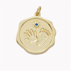 Copper Hand Footprint Pendant Pave Zirconia Circle Gold Plated, approx 20mm