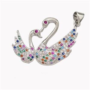 Copper Swan Pendant Pave Multicolor Zirconia Platinum Plated, approx 20-30mm