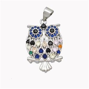 Copper Owl Pendant Pave Multicolor Zirconia Birds Platinum Plated, approx 15-20mm