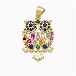 Copper Owl Pendant Pave Multicolor Zirconia Birds Gold Plated, approx 15-20mm