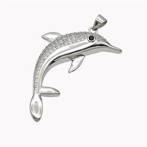 Copper Dolphin Pendant Pave Zirconia Platinum Plated, approx 30-35mm