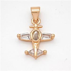 Copper Airplane Pendant Micropave Zirconia Rose Gold, approx 14.5mm