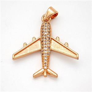 Copper Airplane Pendant Micropave Zirconia Rose Gold, approx 21-23mm