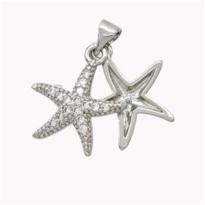 Copper Starfish Pendant Micropave Zirconia Platinum Plated, approx 14mm