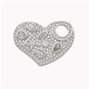 Copper Heart Pendant Micropave Zirconia Platinum Plated, approx 20-27mm