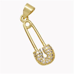 Copper Safety Pin Pendant Pave Zirconia Gold Plated, approx 7.5-19mm