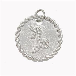 Sign Of Capricorn Copper Circle Pendant Pave Zirconia Zodiac Platinum Plated, approx 18mm