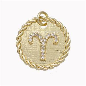 Sign Of Aries Copper Circle Pendant Pave Zirconia Zodiac Gold Plated, approx 18mm