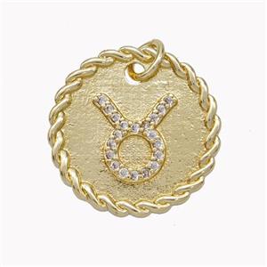 Sign Of Taurus Copper Circle Pendant Pave Zirconia Zodiac Gold Plated, approx 18mm