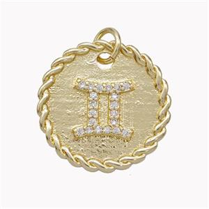 Sign Of Gemini Copper Circle Pendant Pave Zirconia Zodiac Gold Plated, approx 18mm