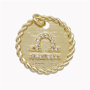 Sign Of Libra Copper Circle Pendant Pave Zirconia Zodiac Gold Plated, approx 18mm