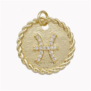 Sign Of Pisces Copper Circle Pendant Pave Zirconia Zodiac Gold Plated, approx 18mm