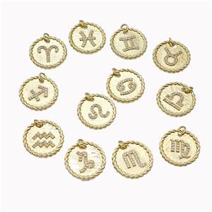 Sign Of Zodiac Copper Circle Pendant Pave Zirconia Gold Plated Mixed, approx 18mm