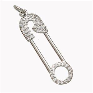 Copper Safety Pins Pendant Pave Zirconia Platinum Plated, approx 8-27mm