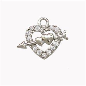 Cupid Arrow Charms Copper Heart Pendant Micropave Zirconia Platinum Plated, approx 10-15mm