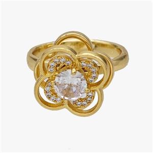 Copper Flower Rings Pave Zirconia Rotatable Adjustable Gold Plated, approx 15mm, 18mm dia