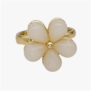 Copper Flower Rings Pave Cateye Glass Rotatable Adjustable Gold Plated, approx 18mm, 18mm dia