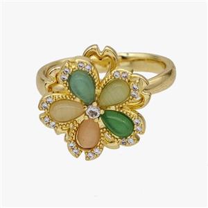 Copper Flower Rings Pave Zirconia Cateye Glass Rotatable Adjustable Gold Plated, approx 16mm, 18mm dia