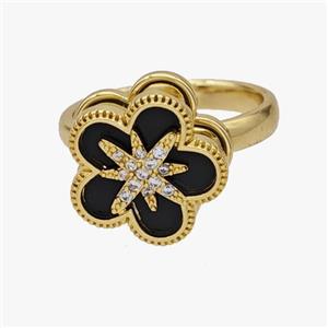 Copper Flower Rings Pave Zirconia Black Shell Rotatable Adjustable Gold Plated, approx 15mm, 18mm dia