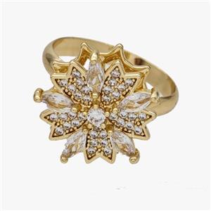 Copper Flower Rings Pave Zirconia Rotatable Adjustable Gold Plated, approx 17mm, 18mm dia