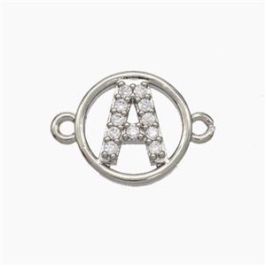 Copper Letter-A Connector Pave Zirconia Circle Platinum Plated, approx 13mm