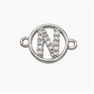 Copper Letter-N Connector Pave Zirconia Circle Platinum Plated, approx 13mm