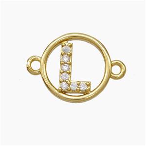 Copper Letter-L Connector Pave Zirconia Circle Gold Plated, approx 13mm