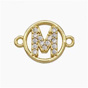 Copper Letter-M Connector Pave Zirconia Circle Gold Plated, approx 13mm