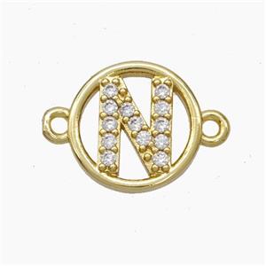 Copper Letter-N Connector Pave Zirconia Circle Gold Plated, approx 13mm