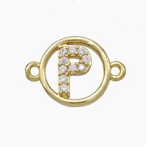 Copper Letter-P Connector Pave Zirconia Circle Gold Plated, approx 13mm