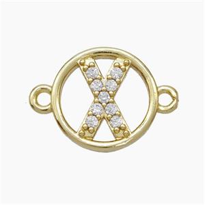 Copper Letter-X Connector Pave Zirconia Circle Gold Plated, approx 13mm