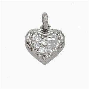 Copper Heart Pendant Micropave Zirconia Hammered Platinum Plated, approx 14mm