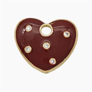 Copper Heart Pendant Pave Zirconia DarkRed Enamel Gold Plated, approx 20mm