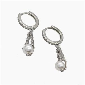 Copper Hoop Earrings Pave Pearlized Resin Zirconia Platinum Plated, approx 6-20mm, 14mm dia