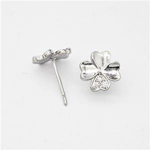 Copper Clover Stud Earrings Micropave Zirconia Platinum Plated, approx 9mm