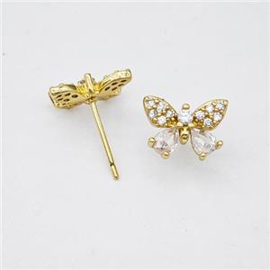 Copper Butterfly Stud Earrings Micropave Zirconia Gold Plated, approx 8-11mm