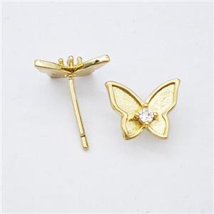 Copper Butterfly Stud Earrings Micropave Zirconia Gold Plated, approx 8-10mm