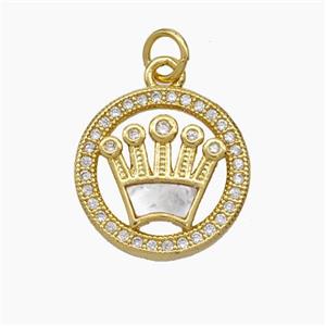 Copper Crown Pendant Pave Zirconia Shell 18K Gold Plated, approx 16mm