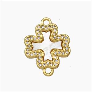 Copper Clover Connector Micropave Zirconia Shell 18K Gold Plated, approx 16mm