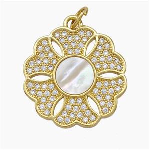 Copper Flower Pendant Micropave Zirconia Shell 18K Gold Plated, approx 19mm