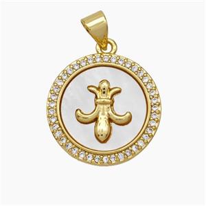 Copper Fleur De Lis Pendant Pave Shell Zirconia Circle 18K Gold Plated, approx 18mm