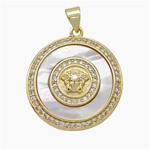 Copper Sphinx Pendant Micropave Zirconia Shell Circle 18K Gold Plated, approx 23mm