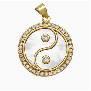 Copper Taichi Pendant Micropave Zirconia Shell Yinyang 18K Gold Plated, approx 21mm