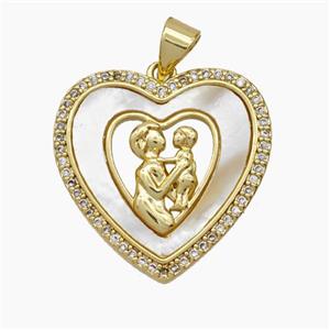 Copper Heart Pendant Micropave Zirconia Shell MOM Baby 18K Gold Plated, approx 22mm